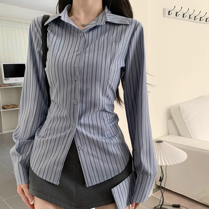 Street Fashion Korea - Y2k Striped Shirt Women Long Sleeve