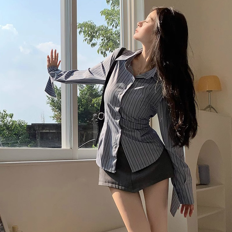 Y2k Striped Shirt Women Long S - Street Fashion Korea 评论和价格