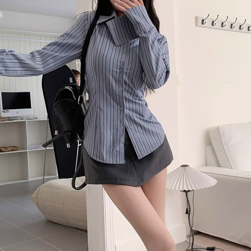Y2k Striped Shirt Women Long S - Street Fashion Korea 评论和价格